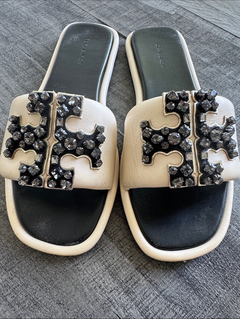 Tory Burch ivory Rhinestone embellished large crystals  Slide Sandals 8